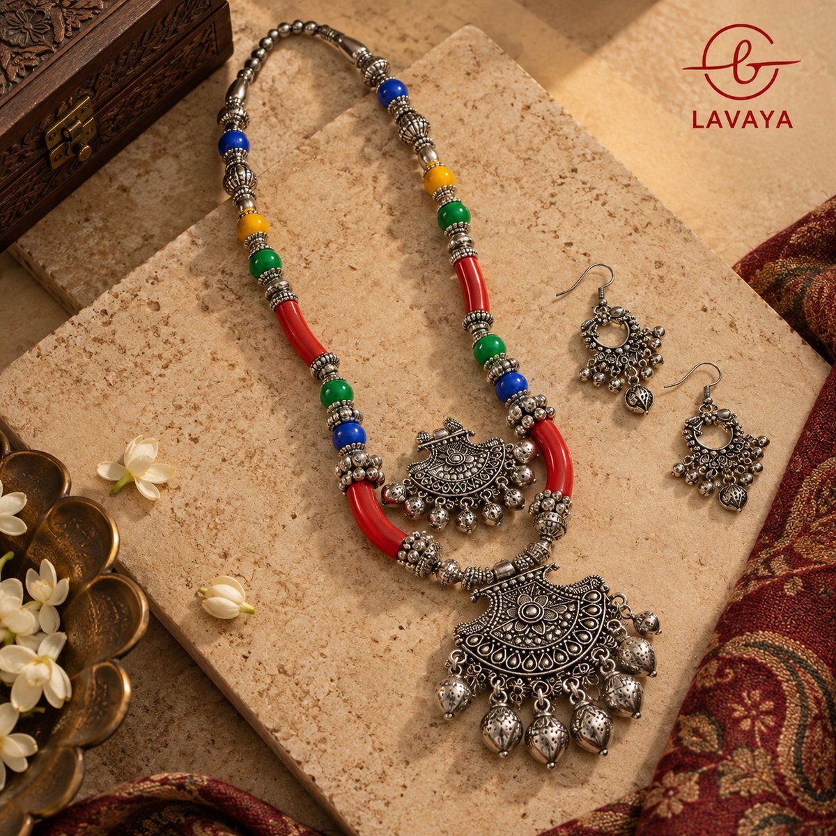 Lavaya Festive Gujarati Banjara Multi-Colored Beaded Necklace Set with Tiered Tribal Pendant & Drop Earrings