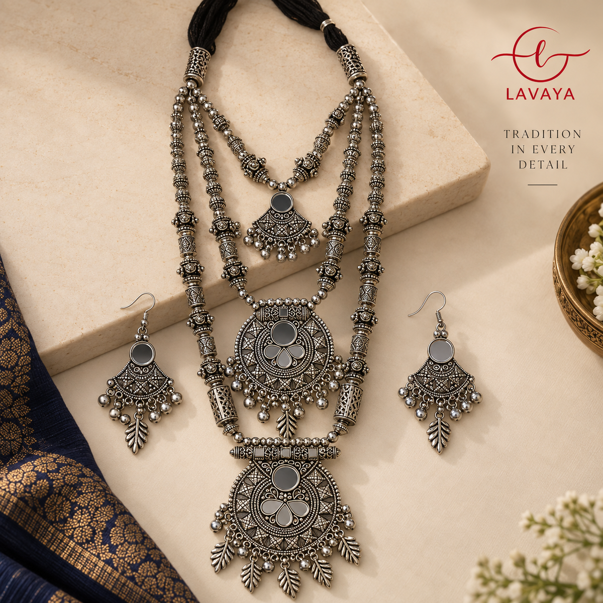 Lavaya The Navratri Noor: Handcrafted 3-Tier Mirror Rani Haar & Chandelier Earrings