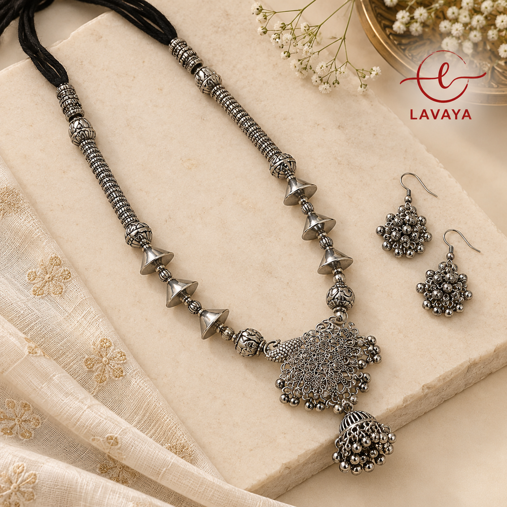 Lavaya Noor-e-Kutch Handcrafted Three-Tier Mirror Rani Haar with Chandelier Earrings