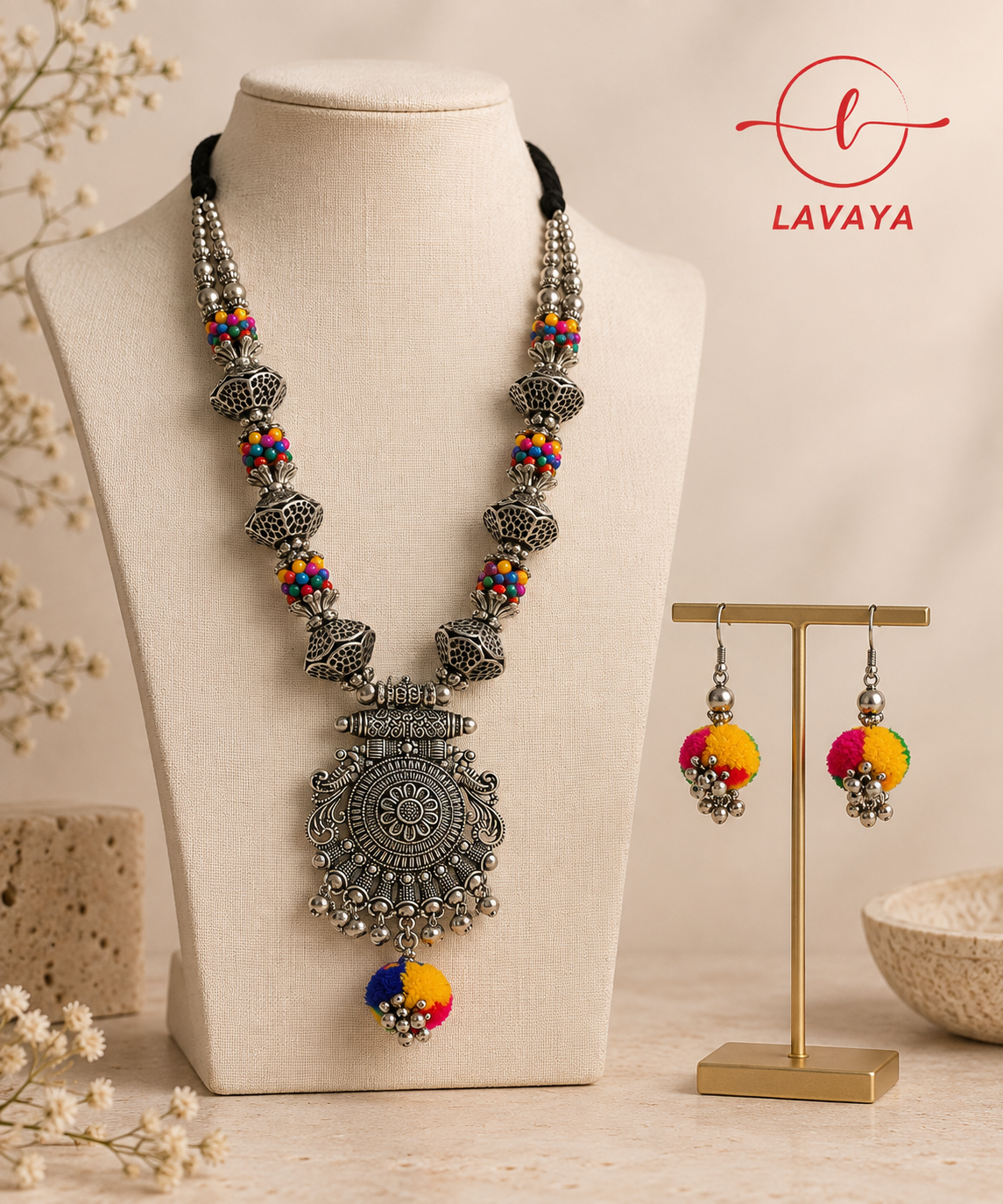Lavaya Festive Banjara Multicolor Beaded & Pom-Pom Haar with Mandala Medallion & Matching Drop Earrings