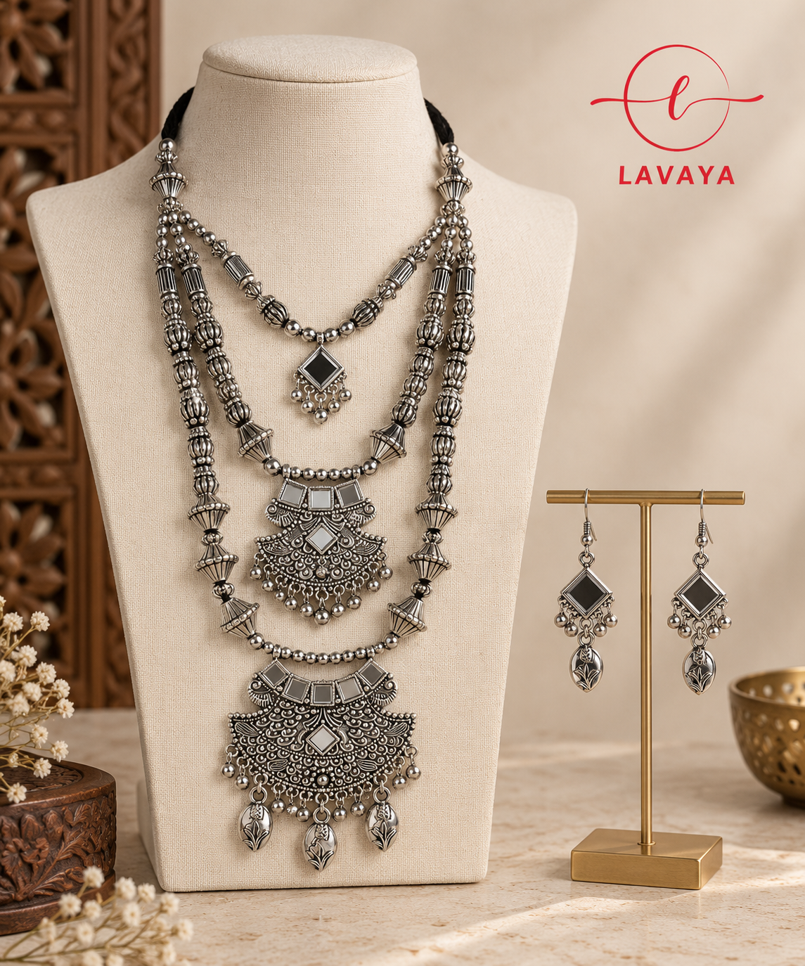 Lavaya Tribal Geometric Three-Tier Mirror Rani Haar with Ghungroo Bib Pendants & Drop Earrings