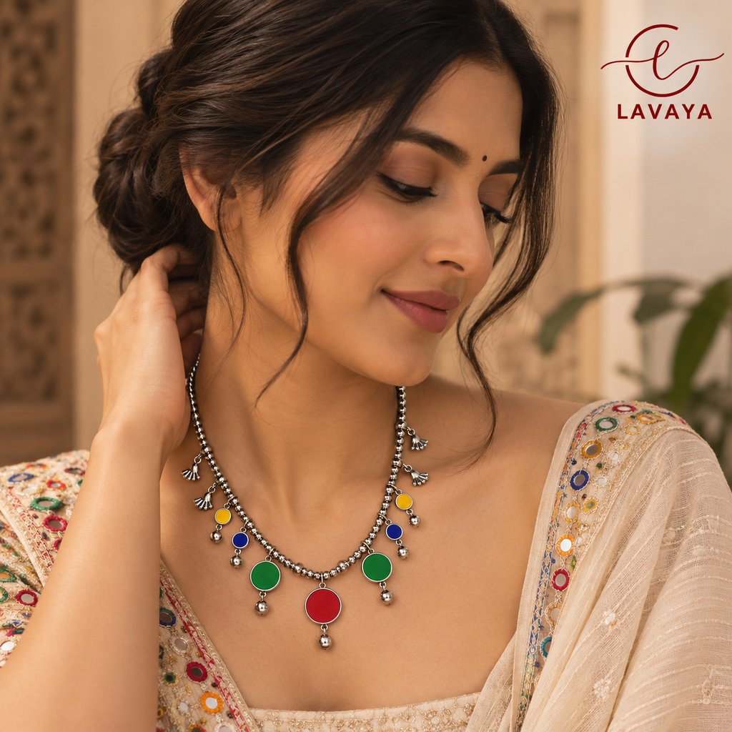 Lavaya Festive Rainbow Enamel Beaded Collar Necklace with Bell & Bauble Charms
