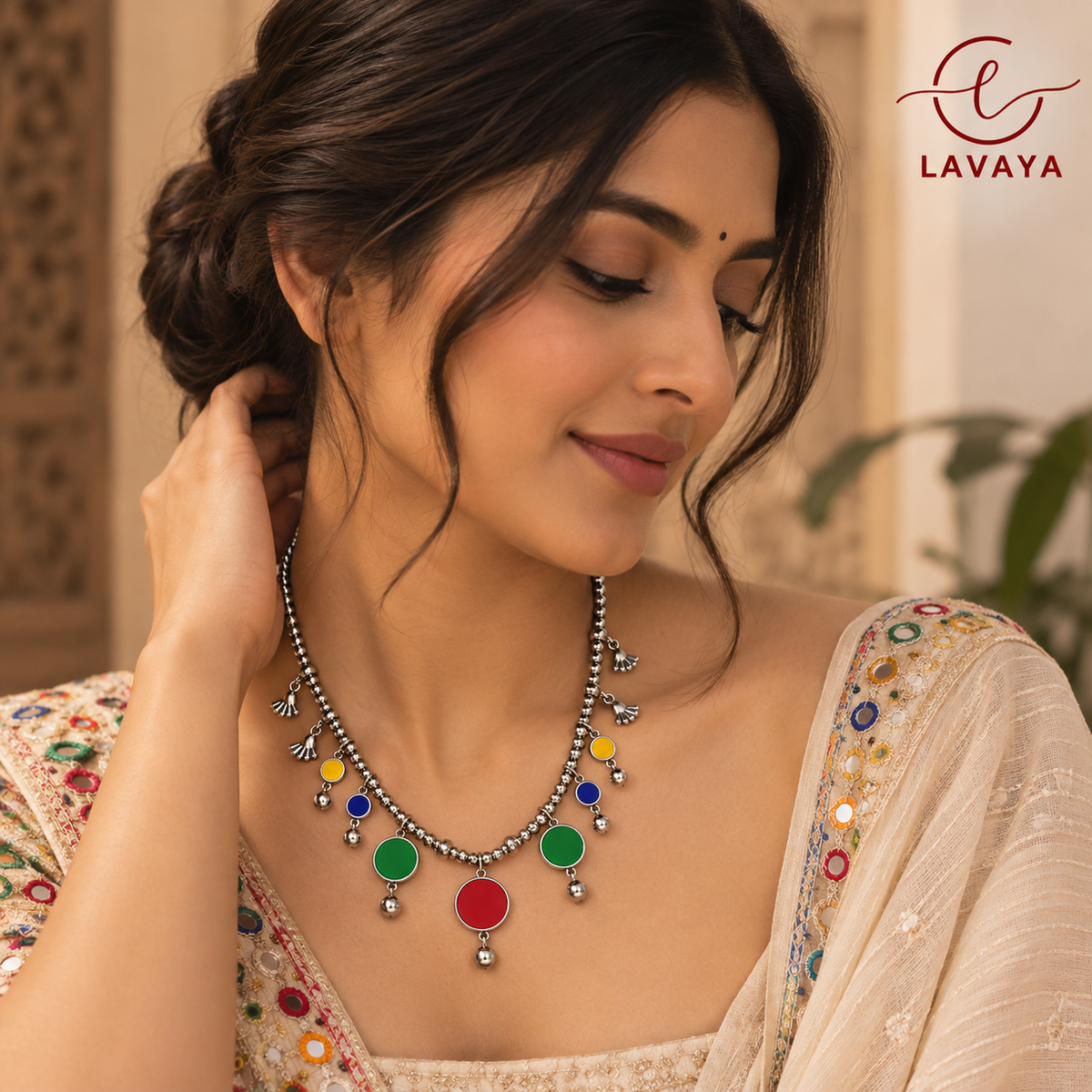 Lavaya Festive Rainbow Enamel Beaded Collar Necklace with Bell & Bauble Charms