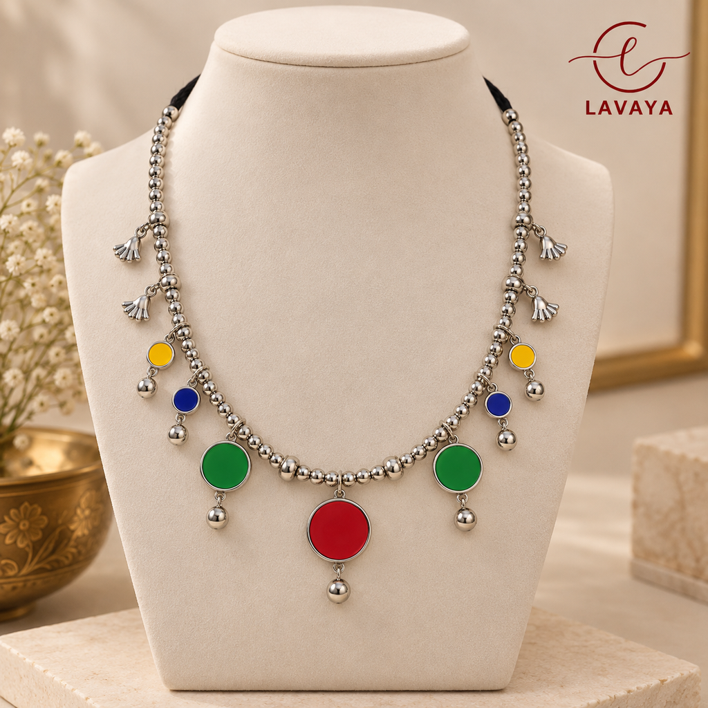 Lavaya Festive Rainbow Enamel Beaded Collar Necklace with Bell & Bauble Charms
