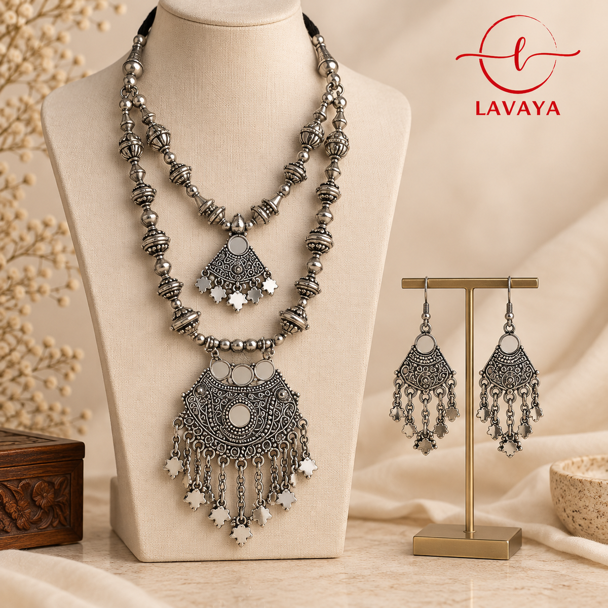 Lavaya Afghan Mirror-Work Double-Layer Rani Haar with Chandelier Tassels & Matching Drop Earrings