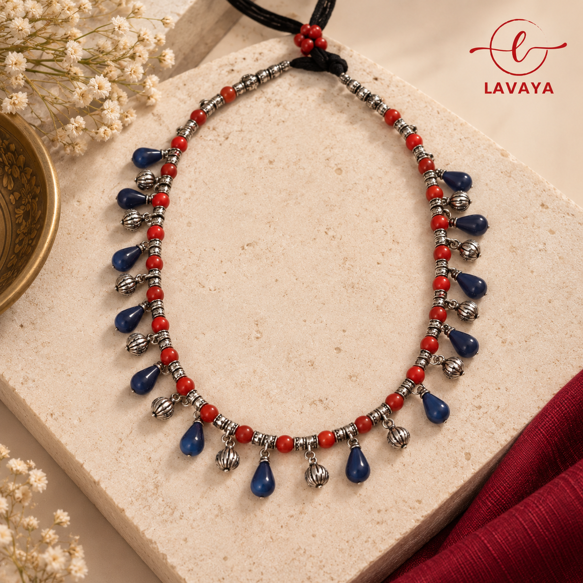 Lavaya Tribal Crimson & Indigo Lac-Bead Collar Necklace with Fluted Silver Baubles