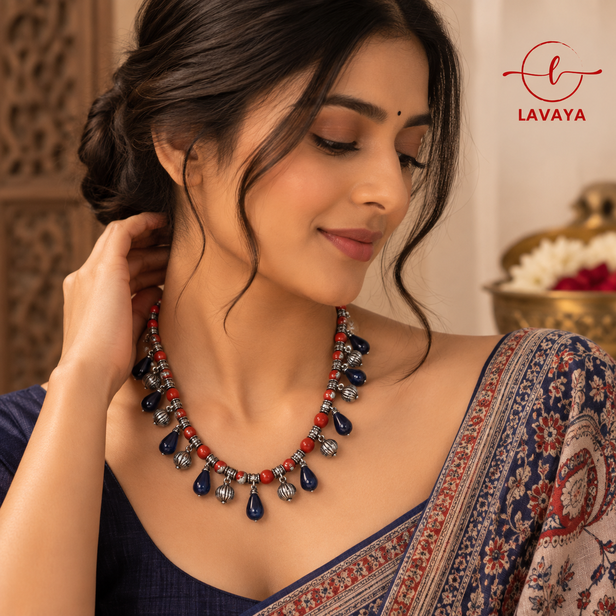 Lavaya Tribal Crimson & Indigo Lac-Bead Collar Necklace with Fluted Silver Baubles