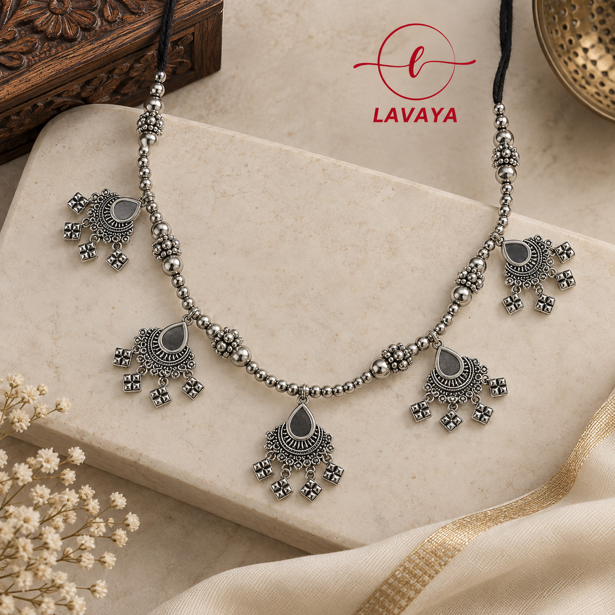 Lavaya Noor Teardrop Afghan Mirror Choker Necklace with Diamond Charms