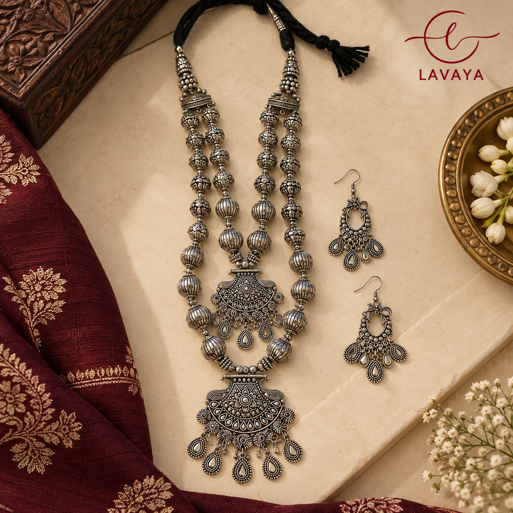 Lavaya The Rajghat Grandeur: Double-Tier Fluted Silver Bead Rani Haar with Chandelier Earrings