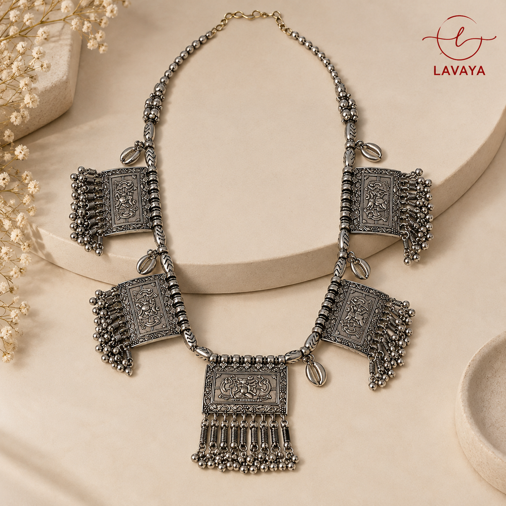 Lavaya Temple Heritage Oxidized Silver Kamarbandh with Embossed Rectangular Plaques & Ghungroo Fringe