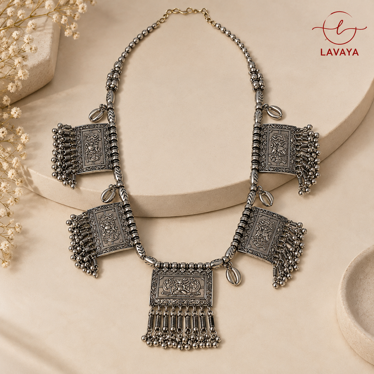 Lavaya Temple Heritage Oxidized Silver Kamarbandh with Embossed Rectangular Plaques & Ghungroo Fringe