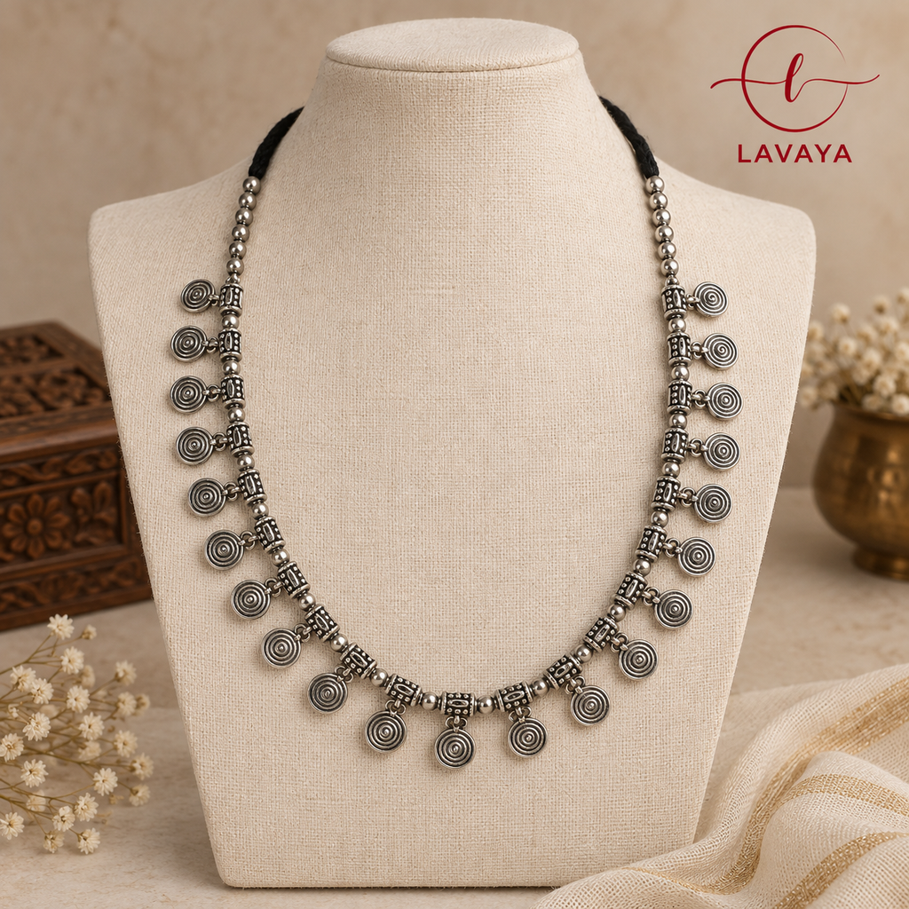 Lavaya Tribal Spiral Coin Oxidized Silver Kamarbandh with Interlinked Chain Links