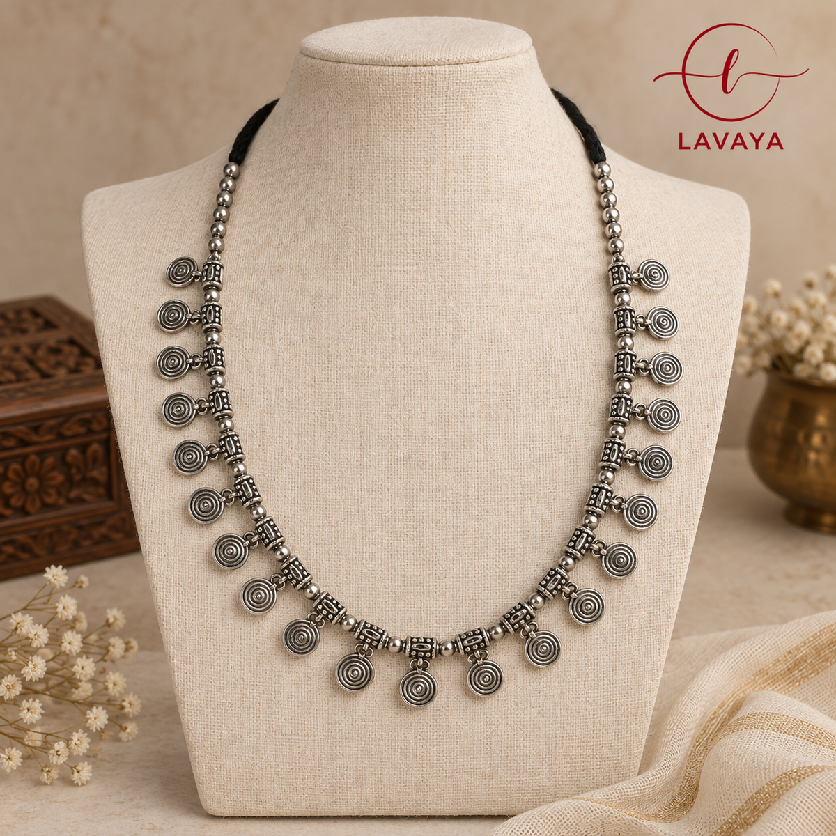Lavaya Tribal Spiral Coin Oxidized Silver Kamarbandh with Interlinked Chain Links