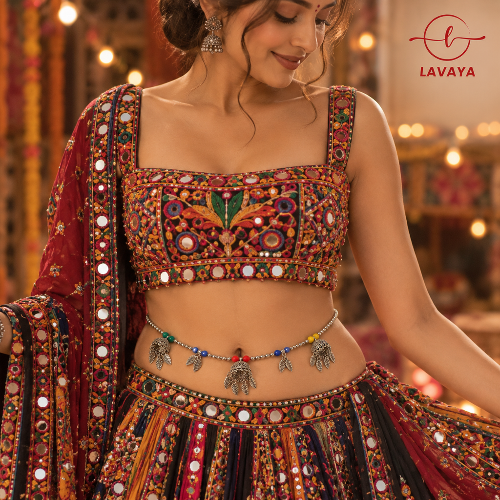 Lavaya Festive Multicolor Beaded Kamarbandh with Tribal Jhumka & Leaf Charms