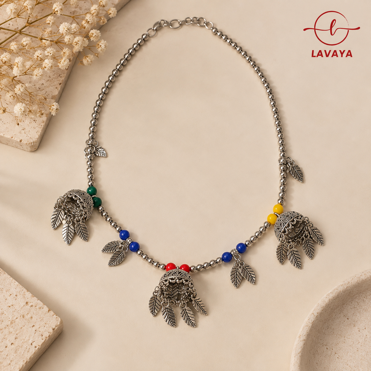 Lavaya Festive Multicolor Beaded Kamarbandh with Tribal Jhumka & Leaf Charms