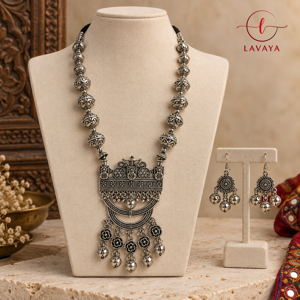 Lavaya Grand Kathiawadi Tribal Oxidized Silver Rani Haar with Ornate Arch Medallion & Chandelier Earrings