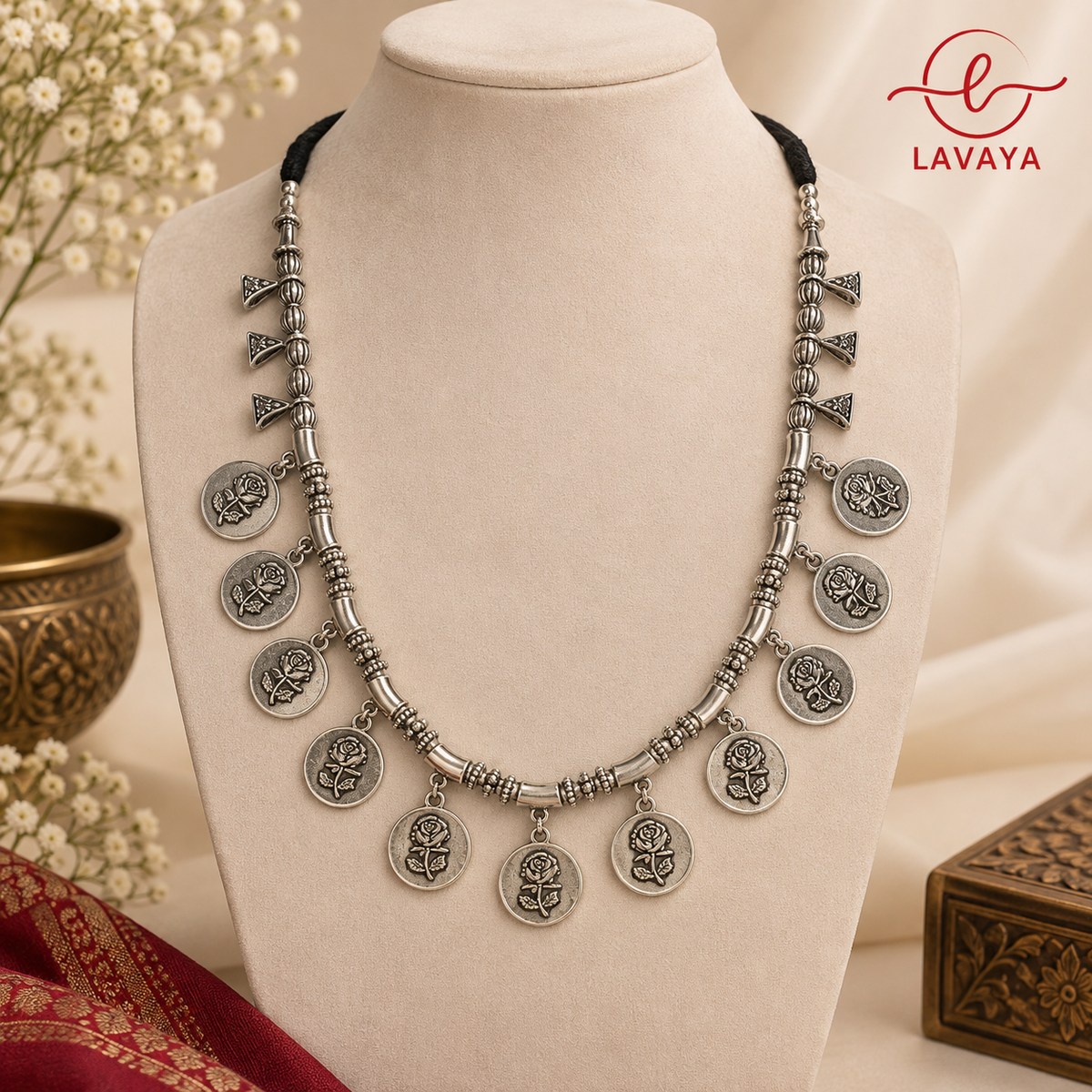 Lavaya Gul-e-Bahar Rose Coin Oxidized Silver Collar Necklace with Geometric Charms