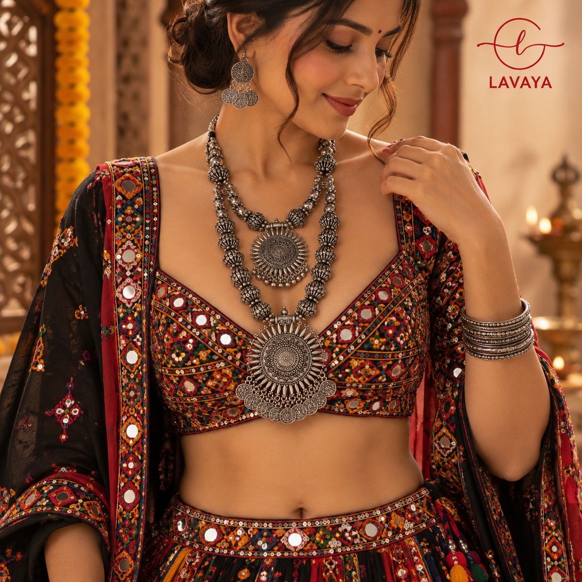 Lavaya The Surya Utsav: Handcrafted Double-Tier Sunburst Rani Haar with Coin Drops & Matching Earrings