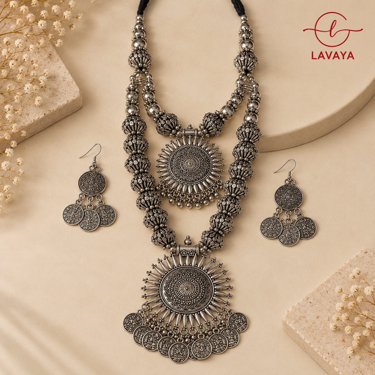 Lavaya The Surya Utsav: Handcrafted Double-Tier Sunburst Rani Haar with Coin Drops & Matching Earrings