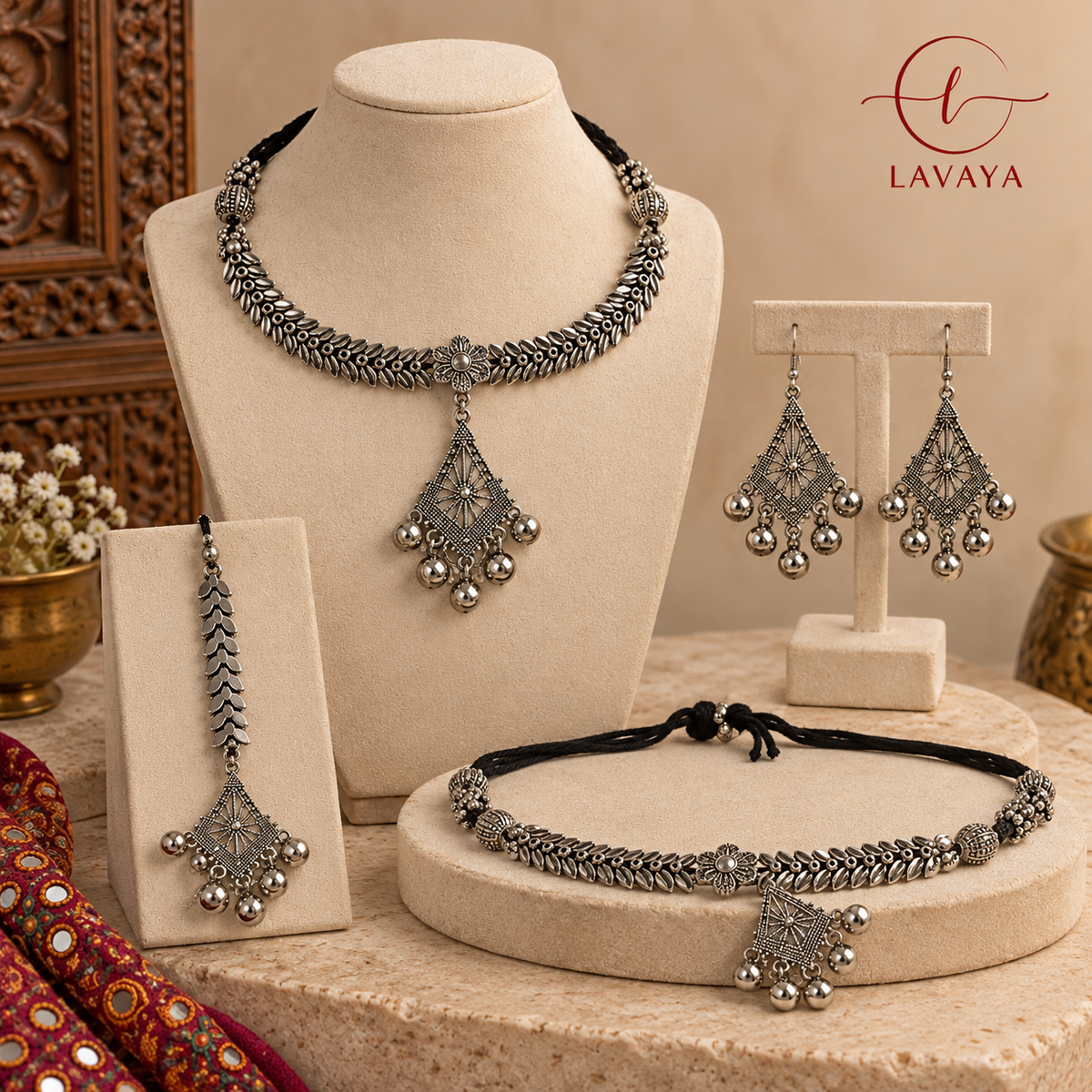 Lavaya Complete Bridal Heritage Chevron Oxidized Silver Jewellery Set with Choker, Kamarbandh, Earrings & Maang Tikka