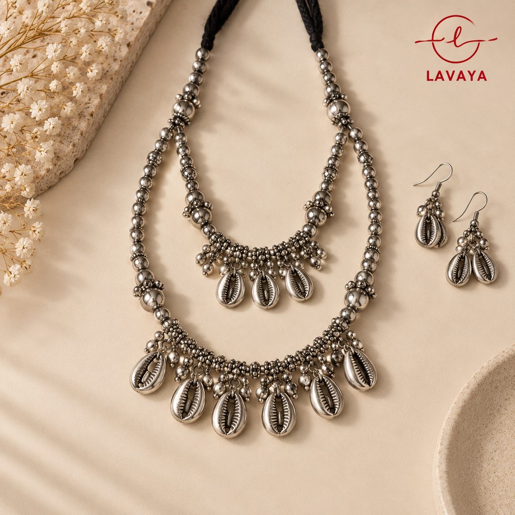 Lavaya Tribal Cowrie Shell Double-Layer Oxidized Silver Rani Haar with Matching Drop Earrings