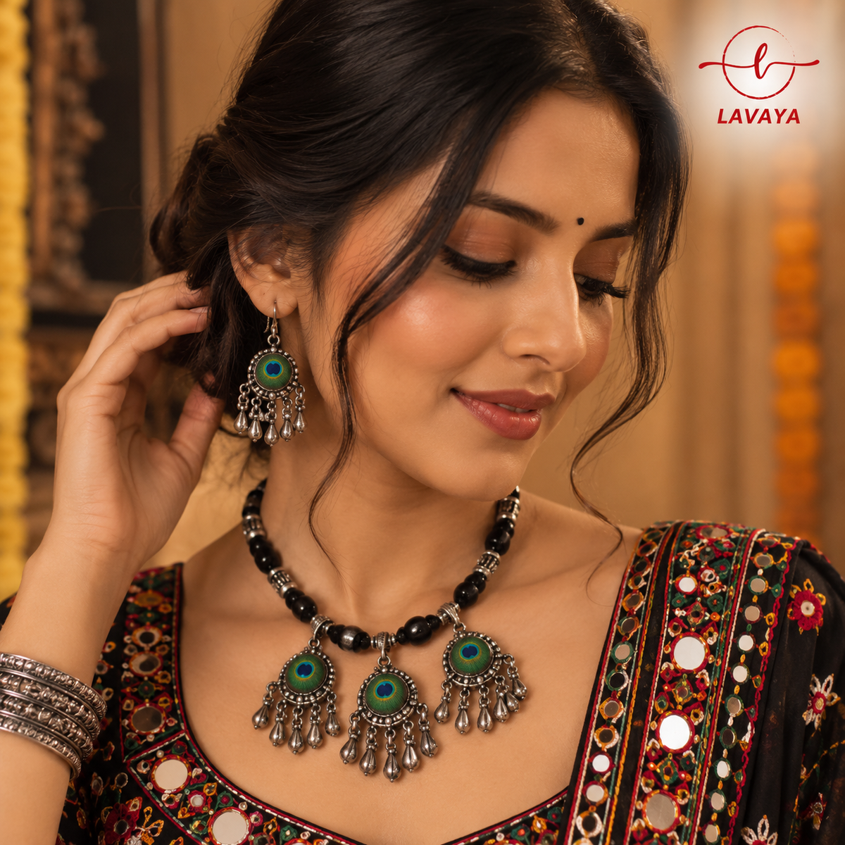 Lavaya Mayura Peacock Feather Handcrafted Collar Necklace Set with Jet-Black Onyx Beads & Chandelier Drops