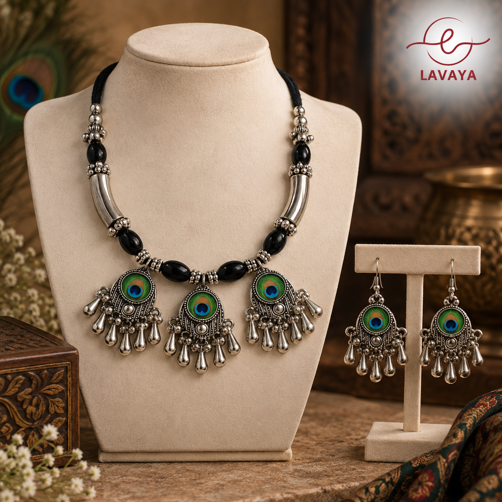 Lavaya Mayura Peacock Feather Handcrafted Collar Necklace Set with Jet-Black Onyx Beads & Chandelier Drops
