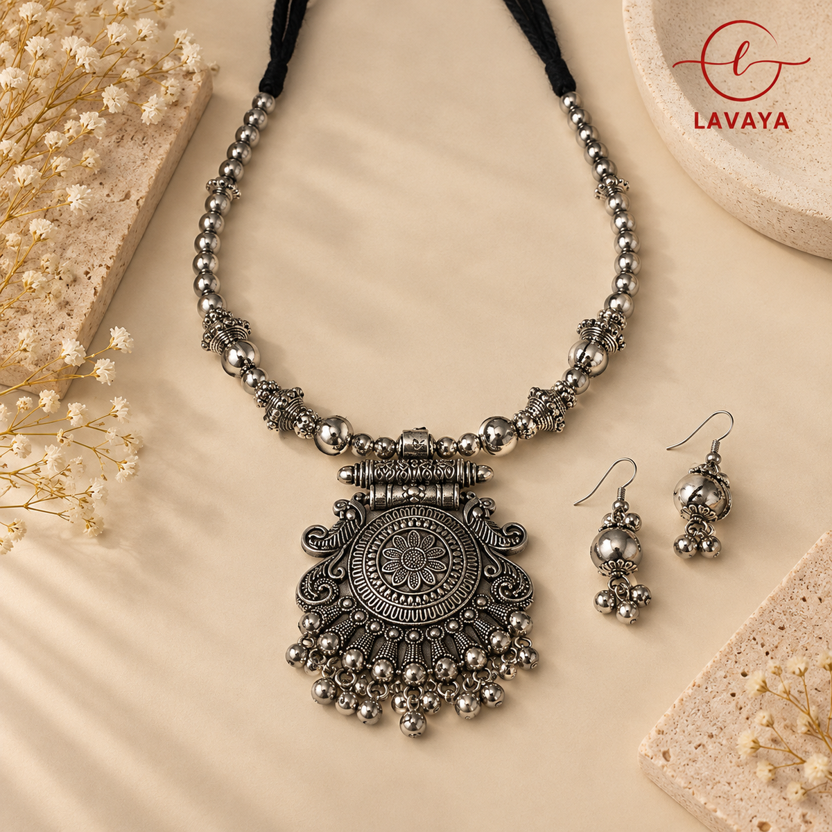 Lavaya Mandala Bloom Antique Oxidized Silver Necklace Set with Carved Floral Bib Pendant & Drop Earrings