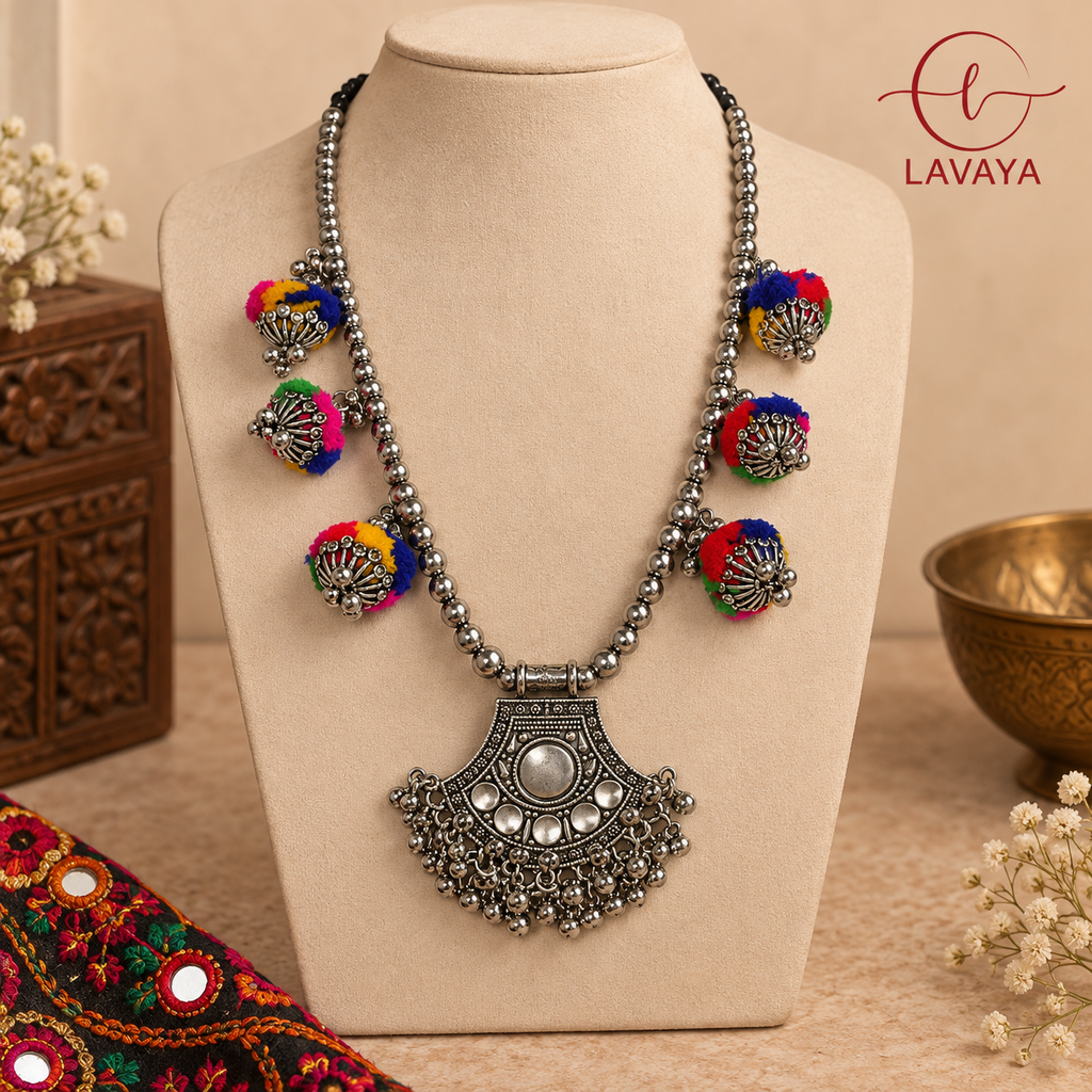Lavaya Festive Pom-Pom & Mirror-Work Oxidized Silver Kamarbandh with Matching Earrings & Maang Tikka Set