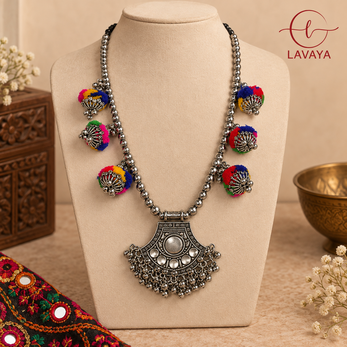 Lavaya Festive Pom-Pom & Mirror-Work Oxidized Silver Kamarbandh with Matching Earrings & Maang Tikka Set