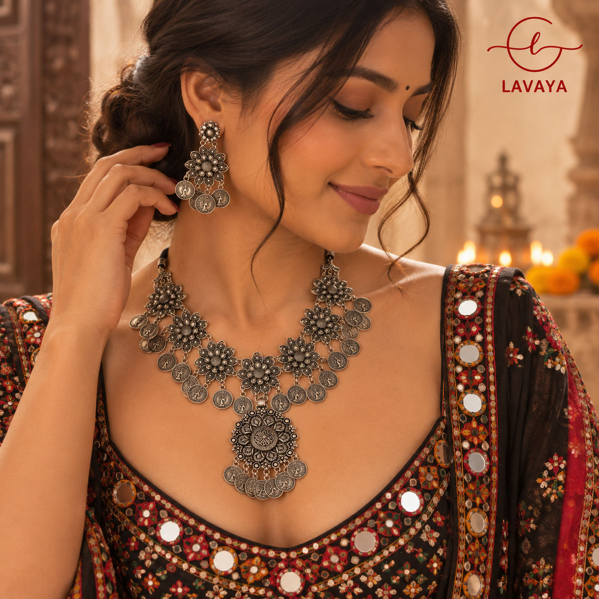 Lavaya Pushpanjali Floral Coin Oxidized Silver Collar Necklace with Grand Lotus Medallion & Dangler Earrings