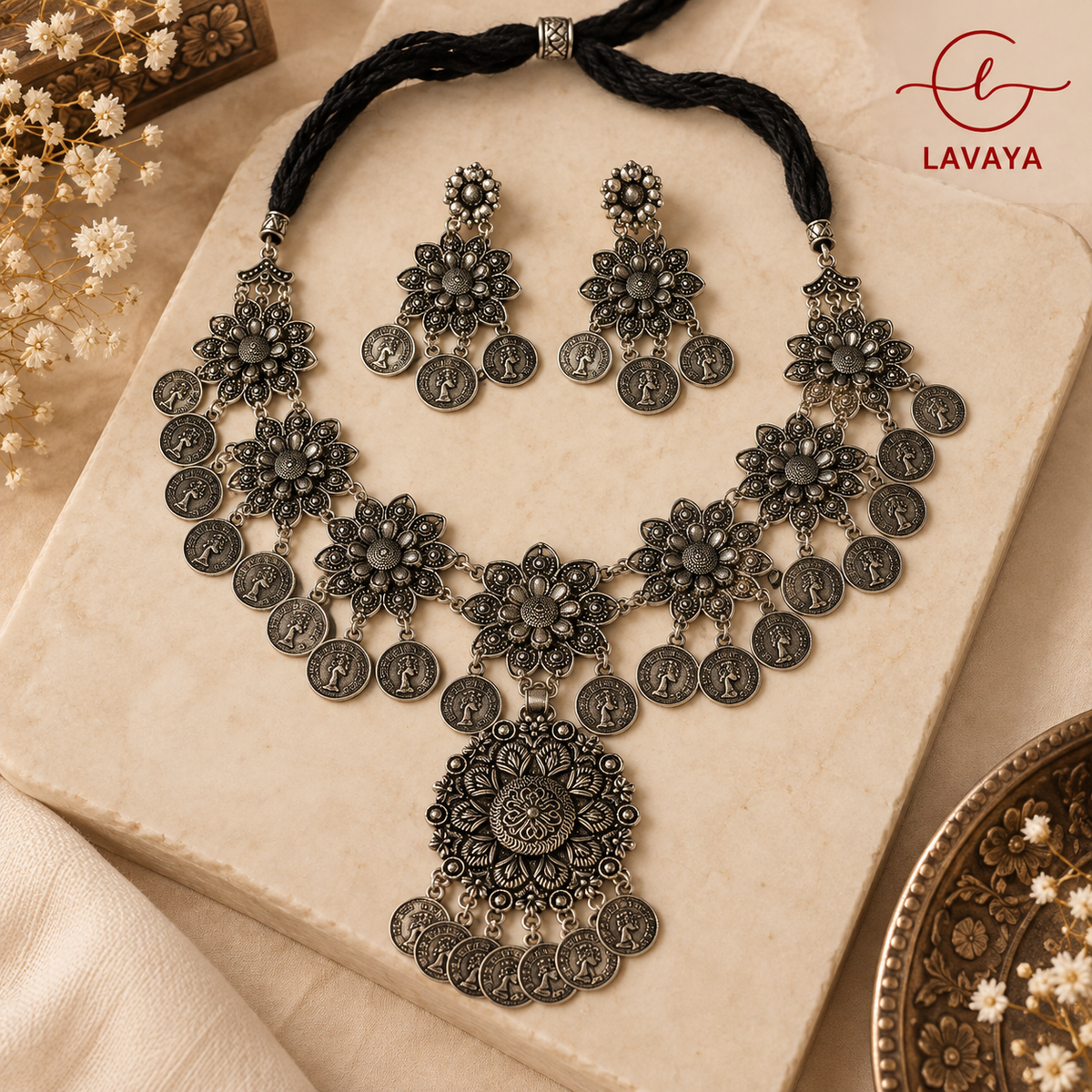 Lavaya Pushpanjali Floral Coin Oxidized Silver Collar Necklace with Grand Lotus Medallion & Dangler Earrings