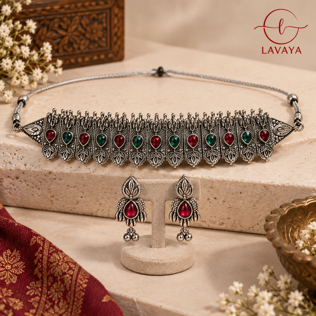 Lavaya Navratna Heritage Oxidized Silver Choker Necklace Set with Ruby & Emerald Stones and Drop Earrings