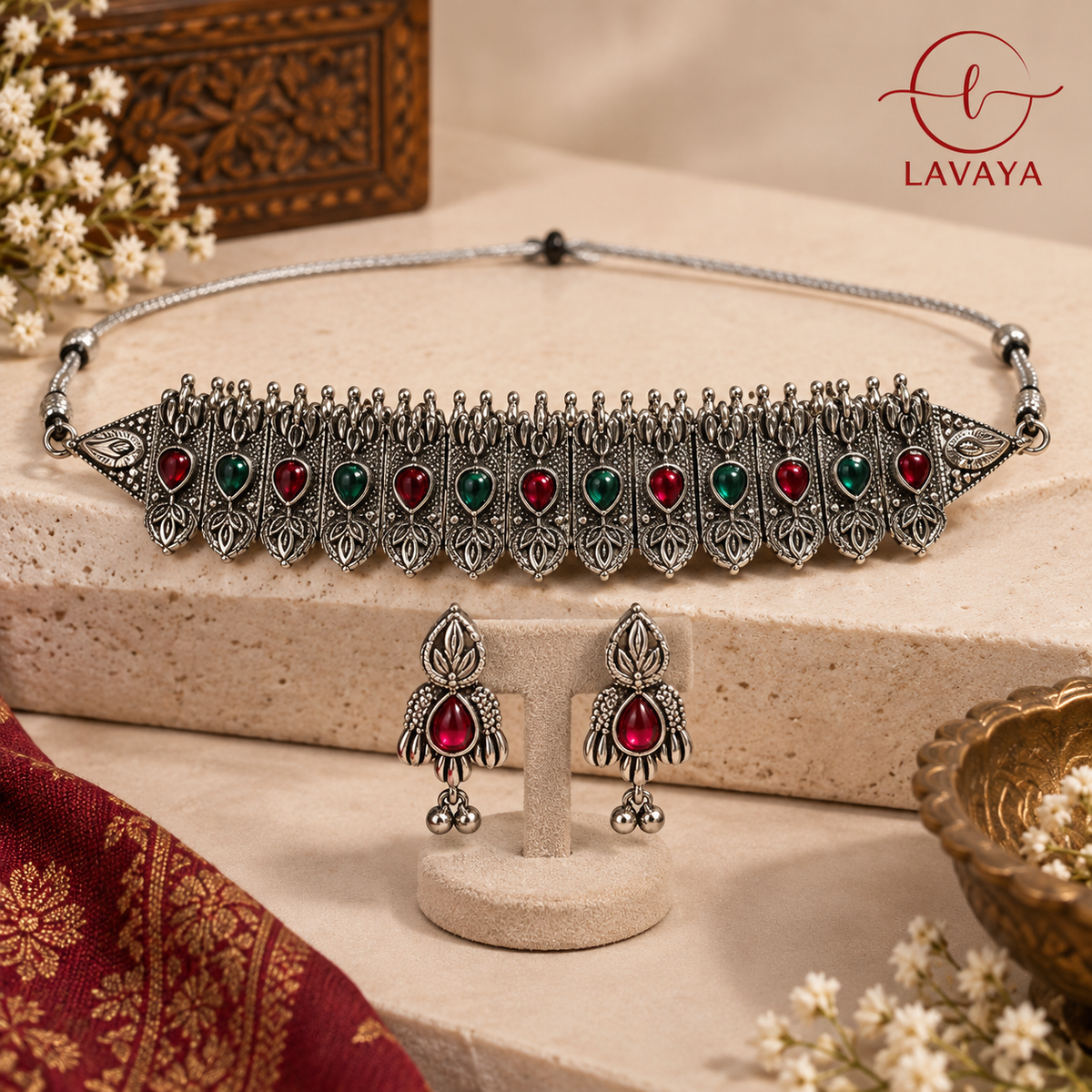 Lavaya Navratna Heritage Oxidized Silver Choker Necklace Set with Ruby & Emerald Stones and Drop Earrings
