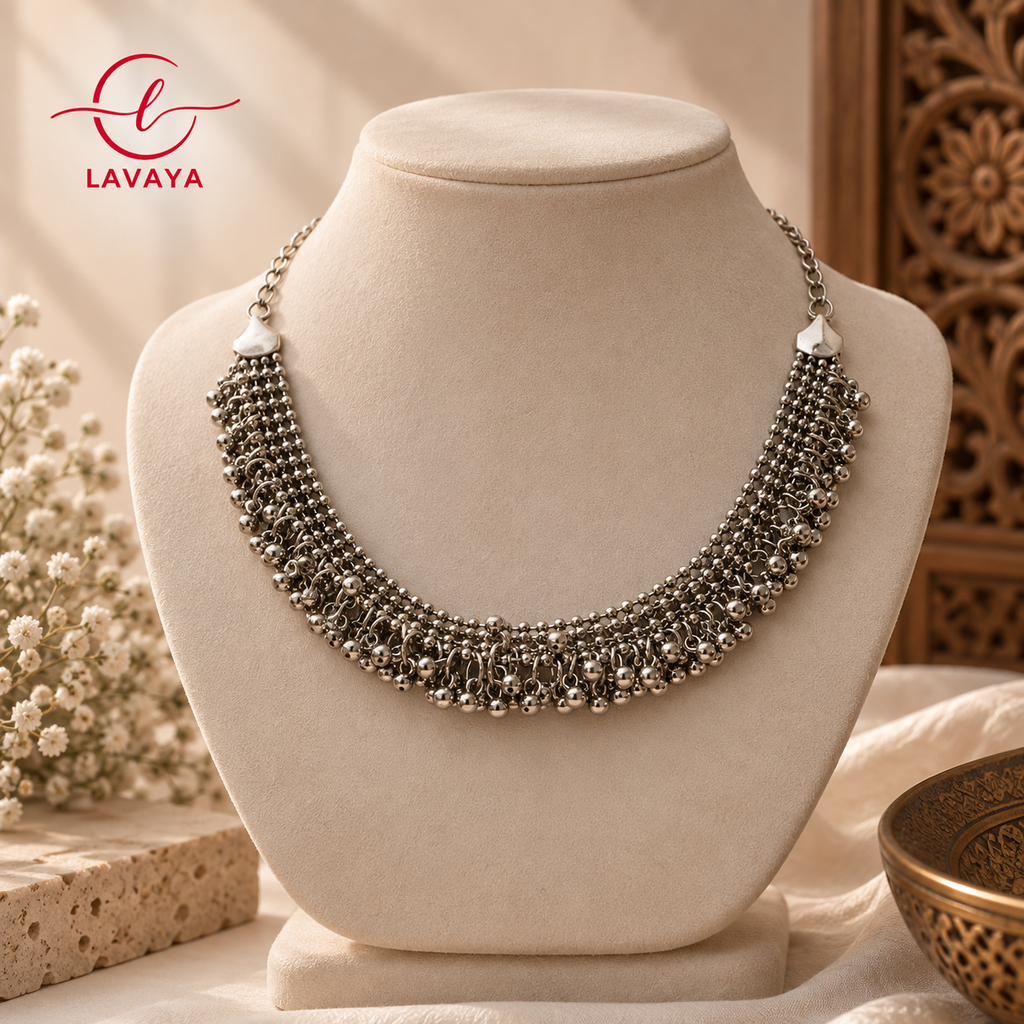 Lavaya The Jhallar Tarang: Handcrafted Oxidized Silver Multi-Row Ghungroo Mesh Collar Necklace
