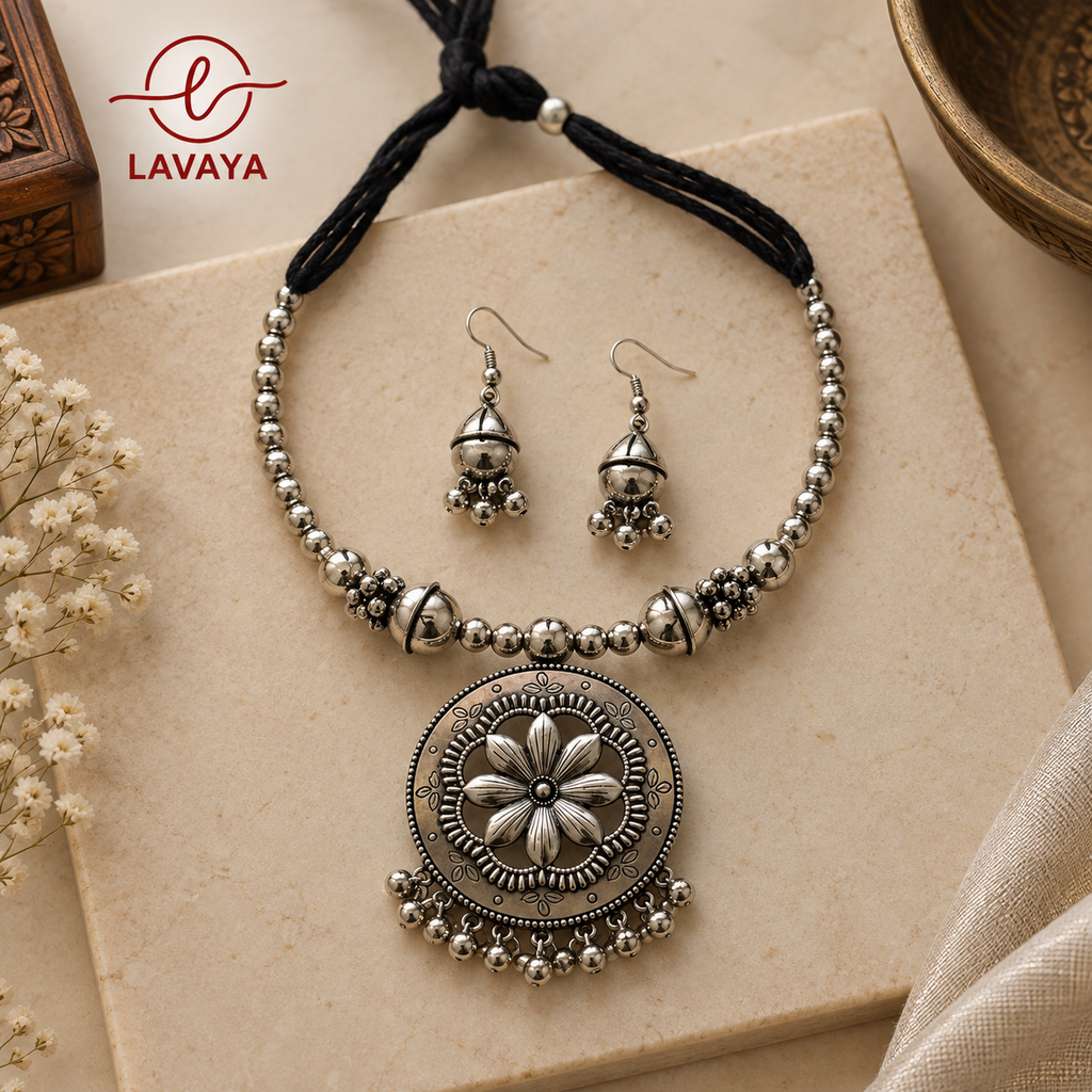 Lavaya The Kamal Mandala: Handcrafted Oxidized Silver Floral Medallion Necklace Set with Black Dori & Dome Drop Earrings