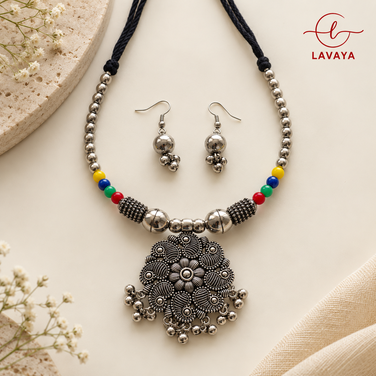 Lavaya The Rang-Riti: Handcrafted Oxidized Silver Floral Mandala Necklace with Colorful Folk Bead Accents & Bell-Drop Earrings