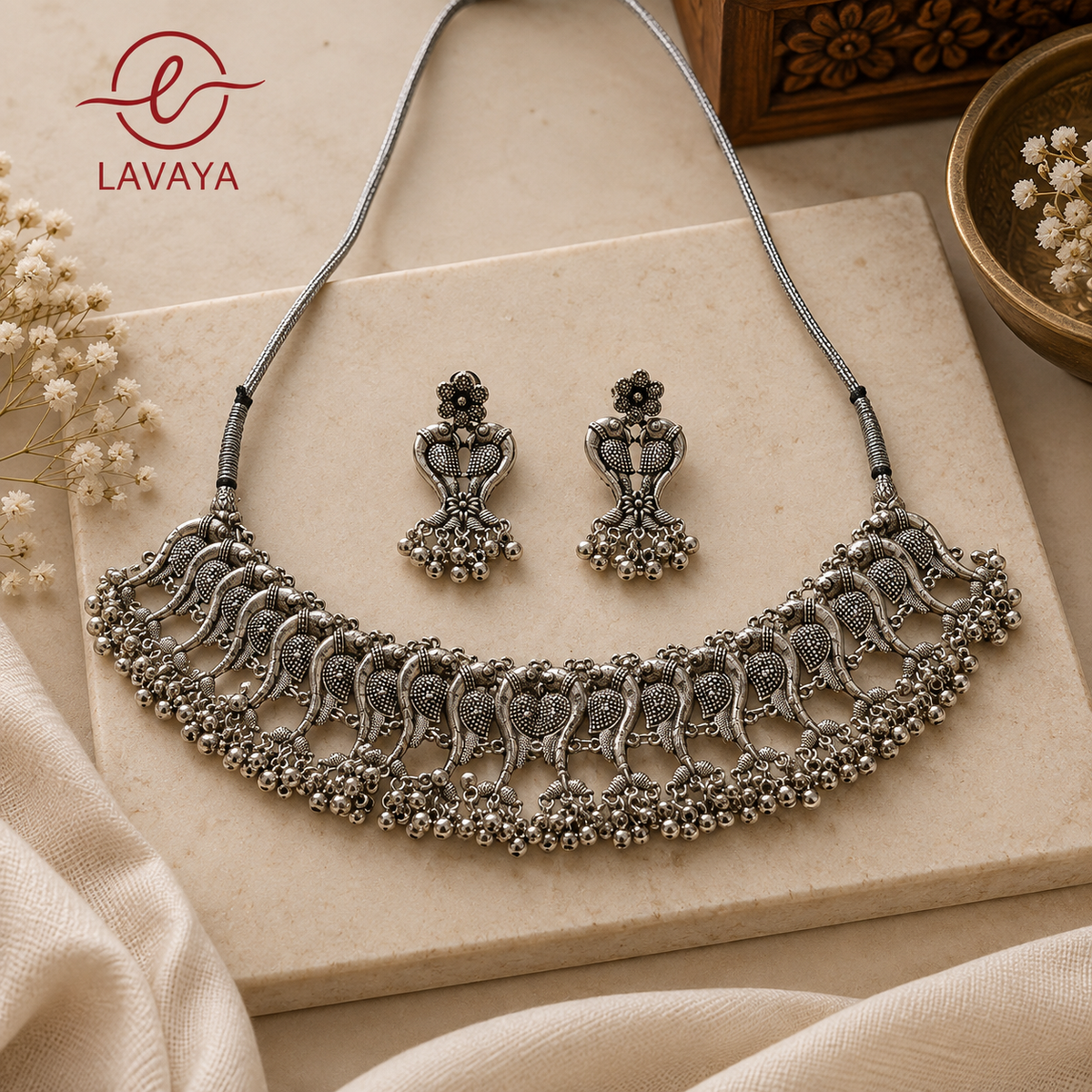 Lavaya The Mayur Vihar: Handcrafted Peacock Filigree Oxidized Silver Choker Collar Necklace Set with Matching Drop Earrings