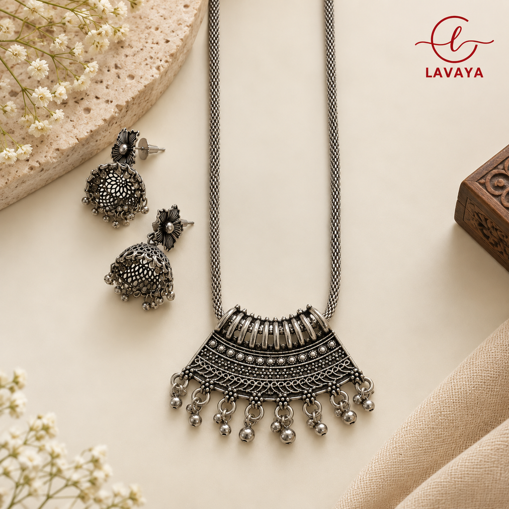 Lavaya The Chandrika Hasli: Handcrafted Oxidized Silver Long Chain Necklace with Trapezoid Filigree Pendant & Jhumka Earrings