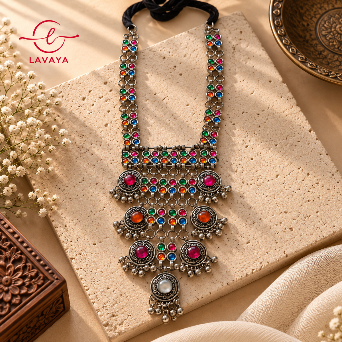 Lavaya The Rang Mahal: Handcrafted Multi-Color Stone Inlaid Oxidized Silver Chandelier Bib Necklace