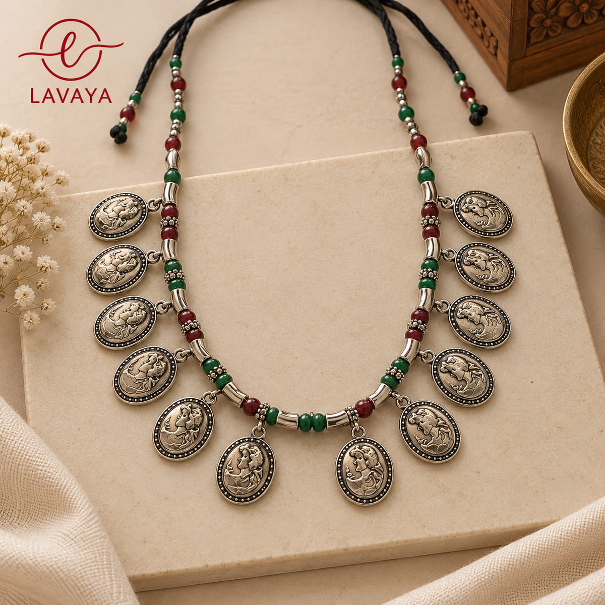 Lavaya The Banjara Rani: Handcrafted Oxidized Silver Coin & Folk Bead Kamarbandh Waist Belt