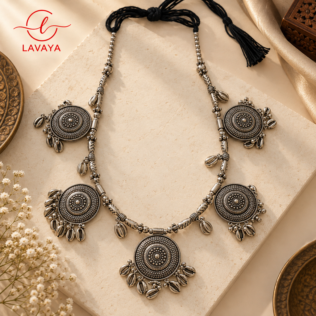 Lavaya The Mandala Chandrika: Handcrafted Oxidized Silver Circular Medallion Kamarbandh with Cowrie Shell & Ghungroo Drops
