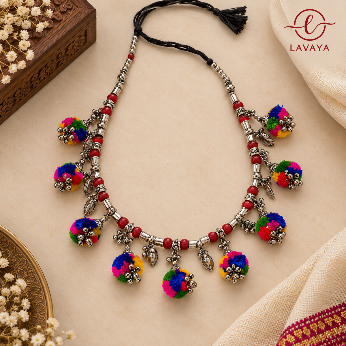 Lavaya The Utsav Tarang: Handcrafted Oxidized Silver Multicolor Folk Thread & Pom-Pom Kamarbandh Waist Belt