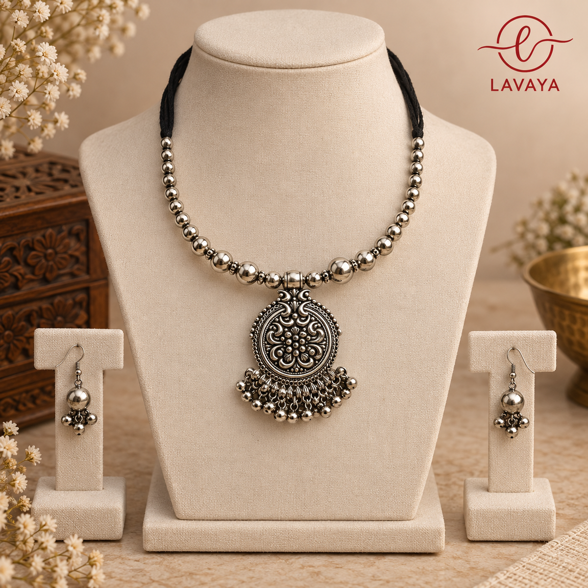 Lavaya The Mandala Baori: Handcrafted Oxidized Silver Circular Filigree Collar Necklace with Ghungroo Bells & Dome Drop Earrings