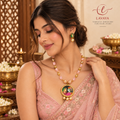 Royal Radha Krishna Meenakari Pendant Necklace Set with Pink Beads & Pearl Drop Earrings
