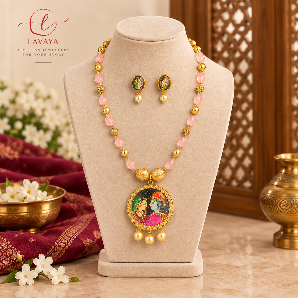 Royal Radha Krishna Meenakari Pendant Necklace Set with Pink Beads & Pearl Drop Earrings