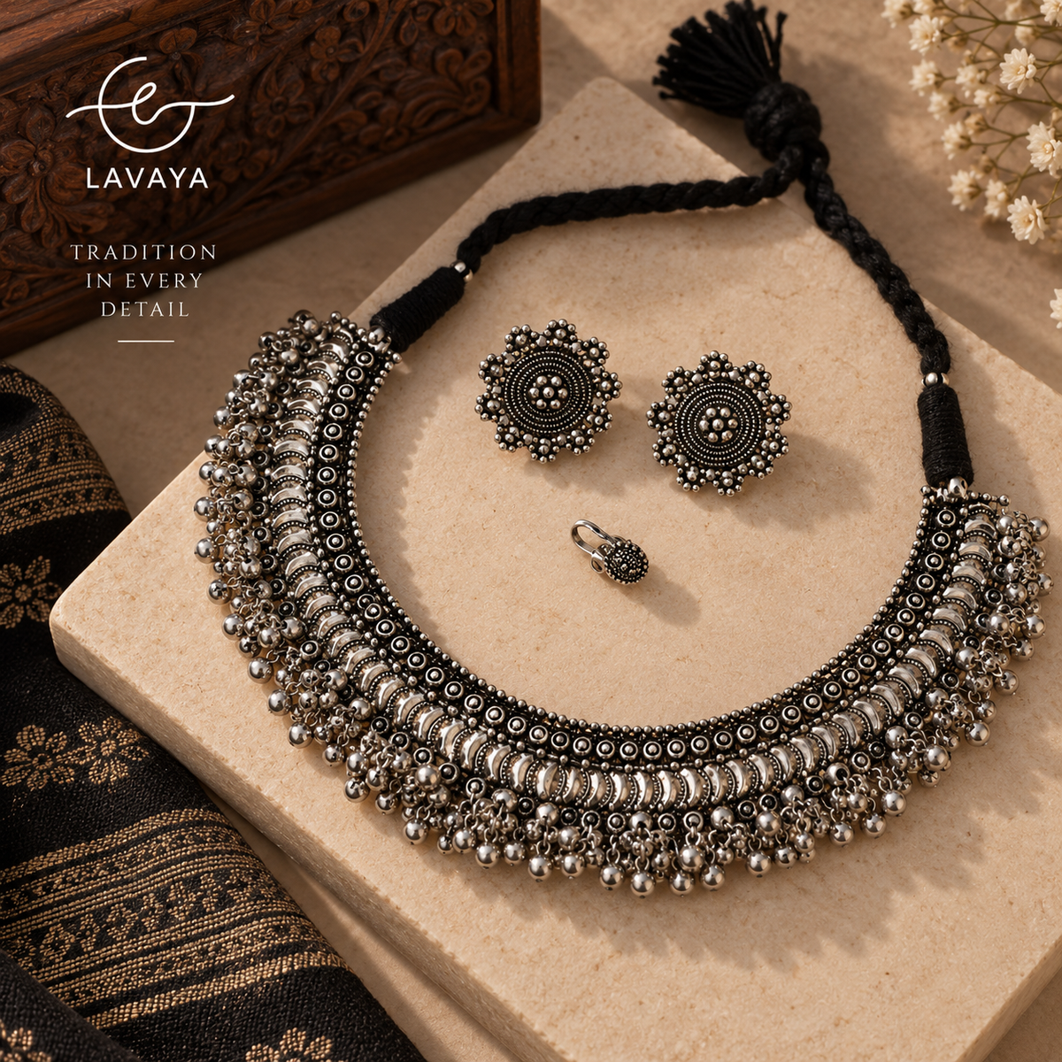 Lavaya Royal Heritage Broad Oxidized Silver Choker Set with Floral Studs & Statement Ring