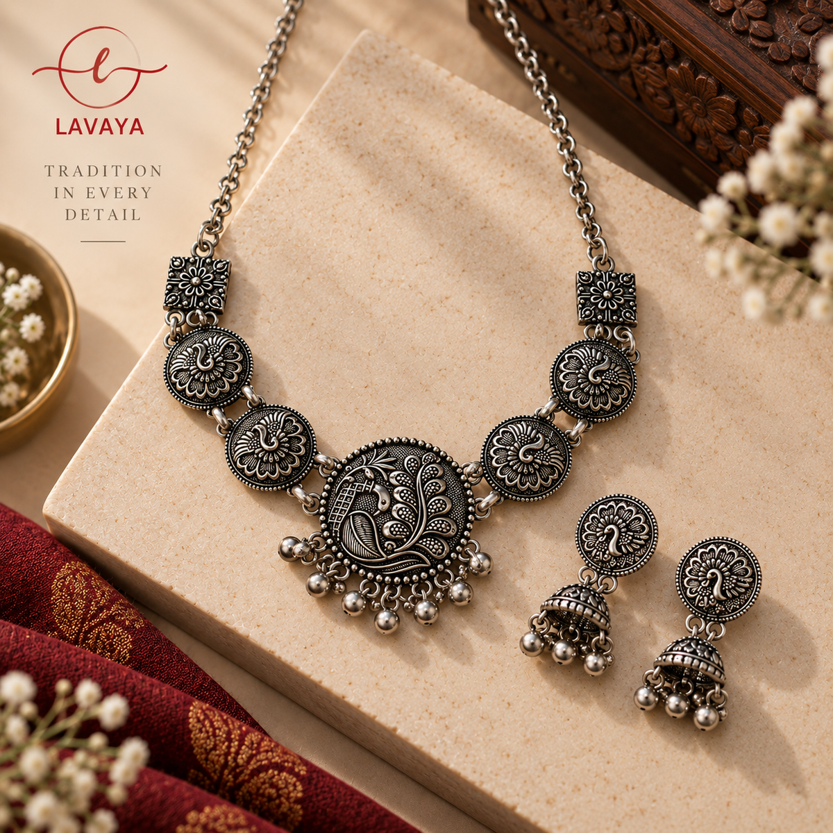 Lavaya Antique Oxidized Silver Peacock Necklace Set with Matching Jhumkas