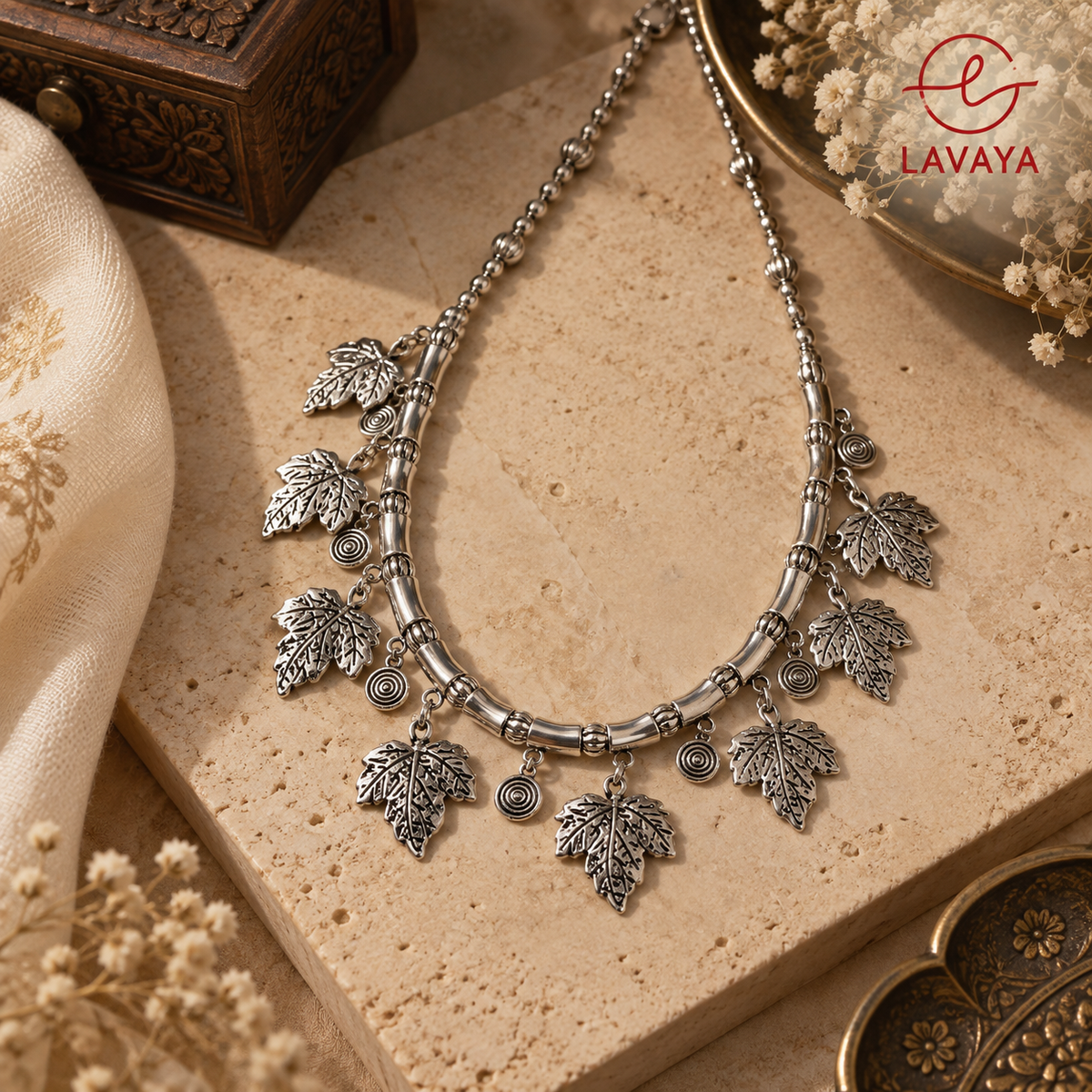 Lavaya Autumn Whisper Handcrafted Oxidized Silver Choker with Foliage & Maple Leaf Charms