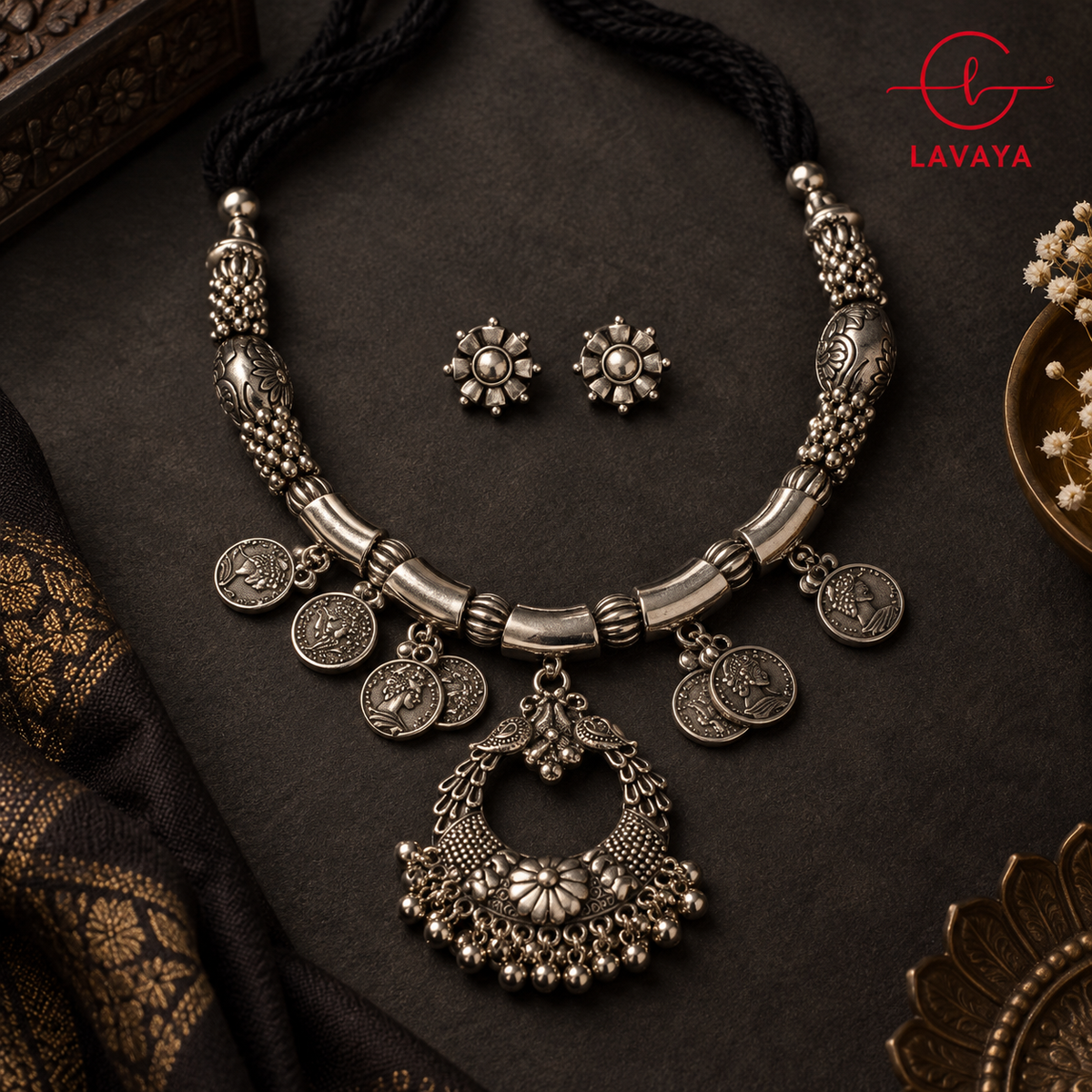 Lavaya Chandrika Peacock Arch Oxidized Silver Collar Necklace with Embossed Coins & Floral Studs